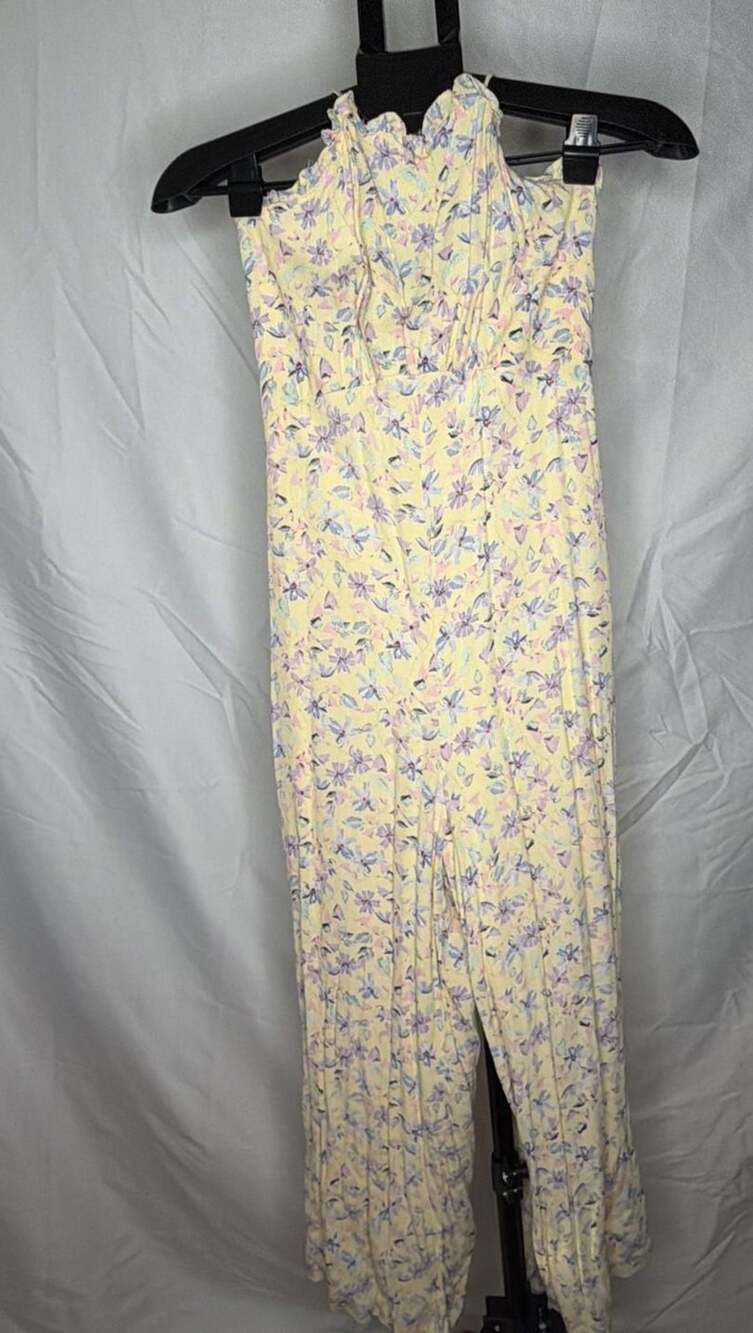 GB Halter Jumpsuit Size S Yellow Floral Wide Leg Romper